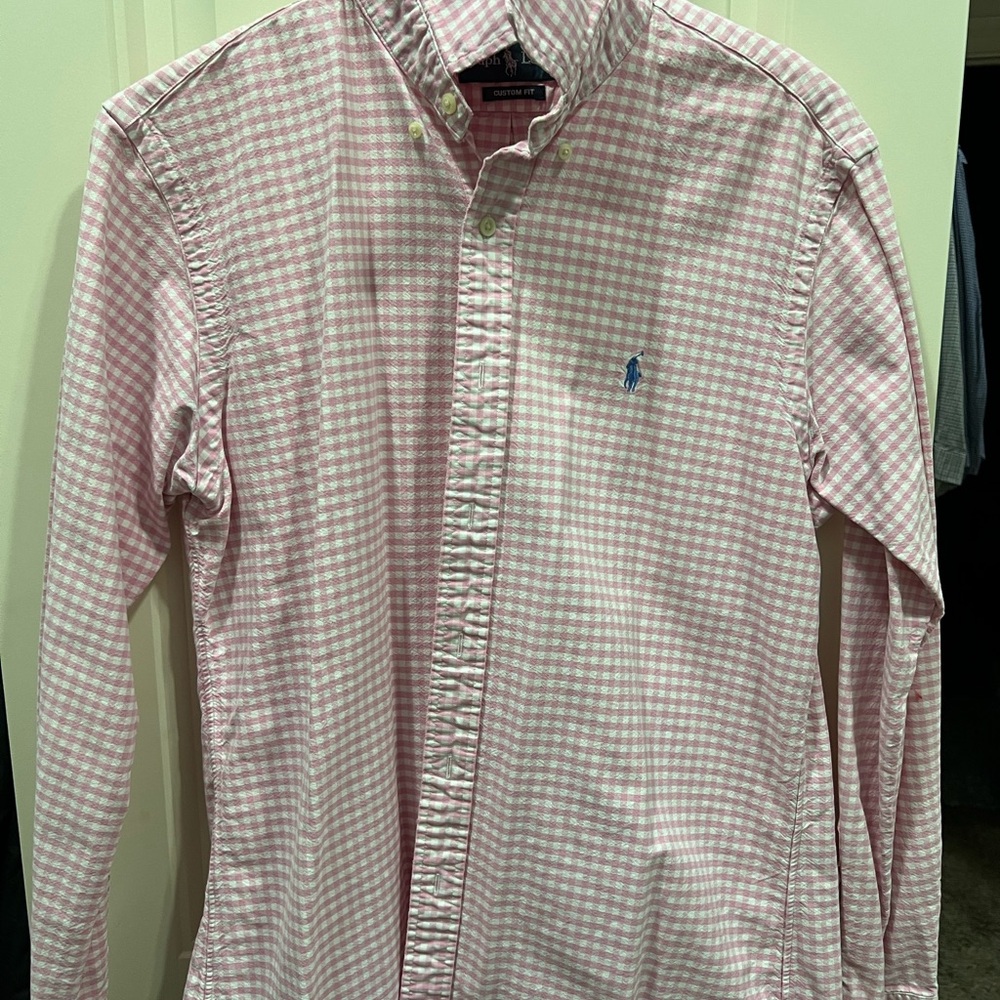 Ralph Lauren Pink and White Gingham Plaid Shirt, Custom Fit, Men’s Medium